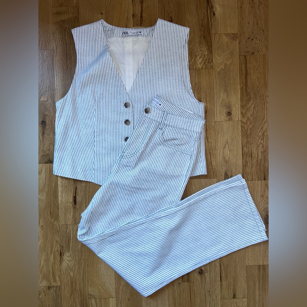 Zara Light Blue Striped Pants and Vest Set